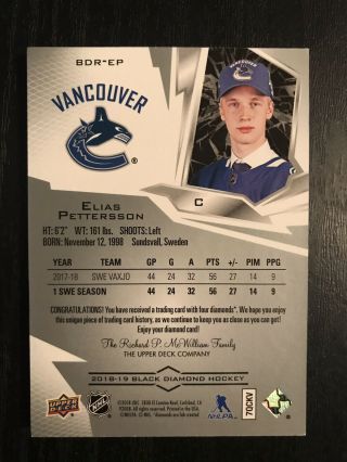 2018 - 19 Black Diamond Elias Pettersson Quad Diamond Relics Rookie Card /99 Rare 2