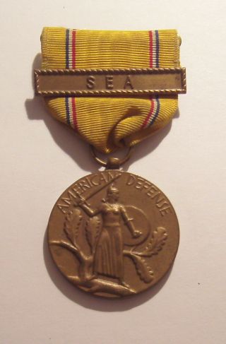 Vintage Ww Ii American Defense Medal With Sea Bar