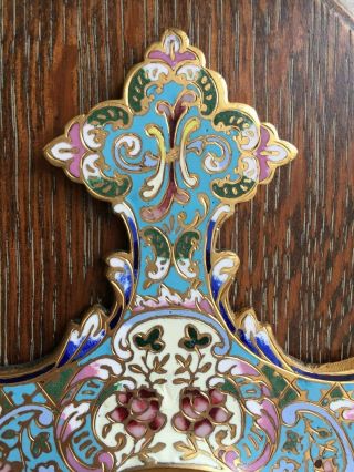 ANTIQUE FRENCH HOLY WATER FONT STOUP ENAMEL CLOISONNE HAND PAINTING GILD MADONNA 12