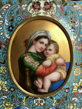 Antique French Holy Water Font Stoup Enamel Cloisonne Hand Painting Gild Madonna