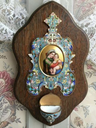 ANTIQUE FRENCH HOLY WATER FONT STOUP ENAMEL CLOISONNE HAND PAINTING GILD MADONNA 2