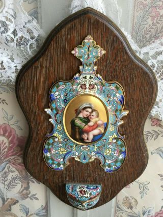 ANTIQUE FRENCH HOLY WATER FONT STOUP ENAMEL CLOISONNE HAND PAINTING GILD MADONNA 3