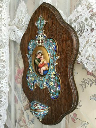 ANTIQUE FRENCH HOLY WATER FONT STOUP ENAMEL CLOISONNE HAND PAINTING GILD MADONNA 8