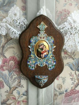 ANTIQUE FRENCH HOLY WATER FONT STOUP ENAMEL CLOISONNE HAND PAINTING GILD MADONNA 9