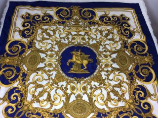 Vtg Authentic Hermes Scarf 100 Silk Les Tuileries Blue & Gold By J.  Metz 1990