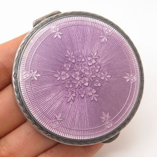 925 Sterling Silver Antique Lilac Guilloche Enamel Round Pillbox