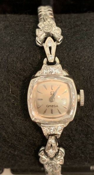 Vintage Ladies Omega 14k Solid White Gold & Diamond Watch 17 Jewel Estate