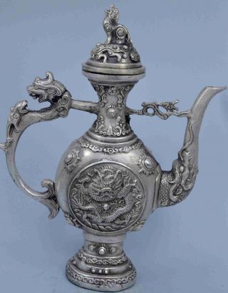 Ancient Handwork Collectable Miao Silver Carve Exorcism Kylin Special Big Teapot