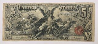 RARE 1896 United States $5 Silver Certificate Educational Large Note Bill 3