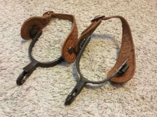 Vintage / Antique Boone Spurs With Brown Leather Straps Marked On Edge By Button