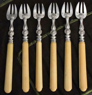 Lovely Antique French 6 Finely Carved Bone Handled Sterling Silver Seafood Forks