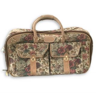 Vtg French Luggage Co Tapestry Suede Rectangular Carry On Bag Taupe Grey Rose