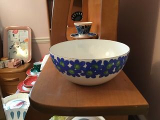 Very Rare Arabia Finland Finel Enamelware Bowl - Blue Flowers Vintage MCM 2