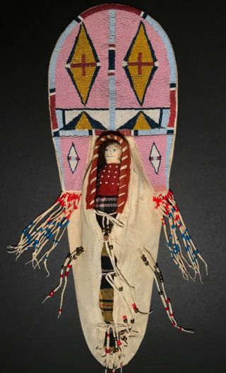 Vintage Plains Child’s Toy Doll Beaded Cradleboard,  Probably Crow,  20th C,  Nr