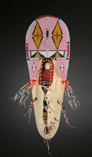 VINTAGE PLAINS CHILD’S TOY DOLL BEADED CRADLEBOARD,  PROBABLY CROW,  20th C,  NR 2