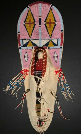 VINTAGE PLAINS CHILD’S TOY DOLL BEADED CRADLEBOARD,  PROBABLY CROW,  20th C,  NR 5