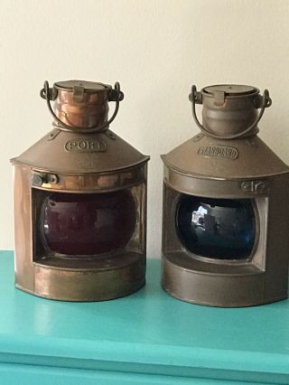 Vintage Tung Woo Copper Port & Starboard Nautical Ship Oil Lamps Lanterns Pair