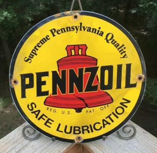 Vintage Pennzoil Motor Oil Porcelain Enamel Sign 11 3/4 Gas Pump Plate Lubester
