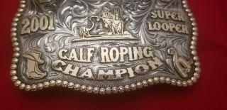 VINTAGE RODEO BUCKLE 2001 BURWELL NEBRASKA CALF ROPING CHAMPION Signed 301 5