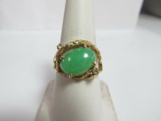 Vintage 14k Solid Gold Ring With Green Natural Jade 3.  65 Cts