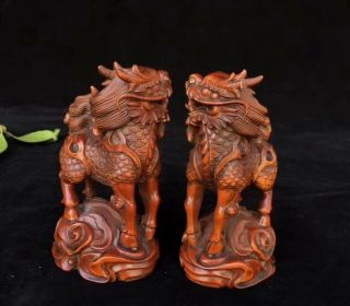 China Old Boxwood Handwork Carve Mighty One Pair Kylin Exorcism Souvenir Statue 2