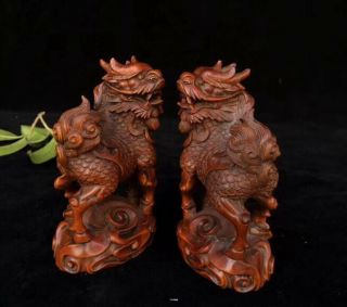 China Old Boxwood Handwork Carve Mighty One Pair Kylin Exorcism Souvenir Statue 4