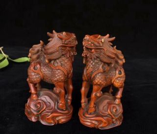 China Old Boxwood Handwork Carve Mighty One Pair Kylin Exorcism Souvenir Statue 5