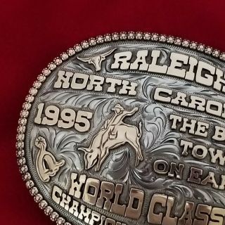 CHAMPION TROPHY RODEO BUCKLE VINTAGE 1995 RALEIGH NORTH CAROLINA BULL RIDER 141 3