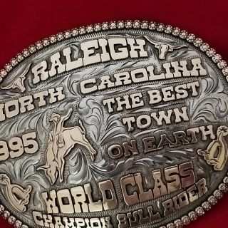 CHAMPION TROPHY RODEO BUCKLE VINTAGE 1995 RALEIGH NORTH CAROLINA BULL RIDER 141 4
