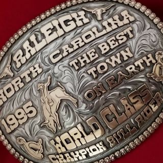 CHAMPION TROPHY RODEO BUCKLE VINTAGE 1995 RALEIGH NORTH CAROLINA BULL RIDER 141 7