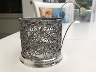 Vintage Russian Silver Filigree Skan Metalwork Plated Tea Glass Holder.