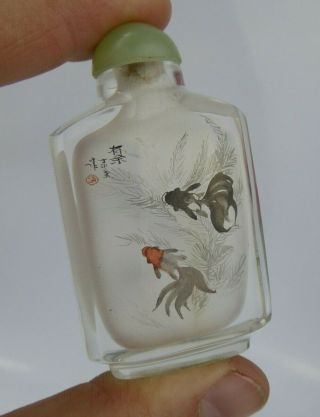 Chinese Reverse Painted Snuff Bottle Fish Design - Exceptional Detail Signed