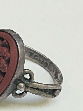 Antique Vintage 1930 ' s sterling silver Chinese Carved Red Cinnabar ring 3