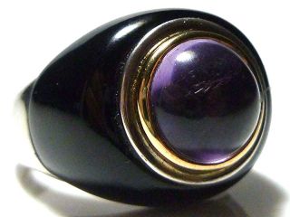 Designer " Fs " Modern Modernist Onyx Amethyst Sterling Silver 18k Gold Dome Ring
