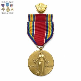 Wwii Us Victory Medal Ribbon Bar Honorable Discharge Ruptured Duck Lapel Pin Ww2