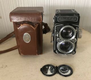 Vintage Rolleiflex 2.  8 Camera 80mm Schneider Xenotar Lens W/ Cap & Leather Case
