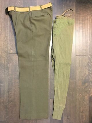 Ww2 Us Army Officers Wool Trousers With Belt And Long Underwear 33x32