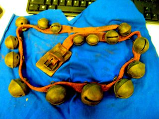 Antique Old Vintage Horse Sleigh Bells On Leather Belt Strap Brass Set Of15 Bell