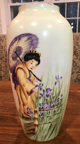 Antique B & Co France Limoges Porcelain Vase Artist Signed Beatty 12.  75” T Asian