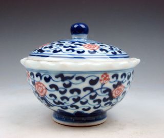 Blue&white Glazed Porcelain Ox - Blood Red Floral Painted Lidded Tea Cup 03081907
