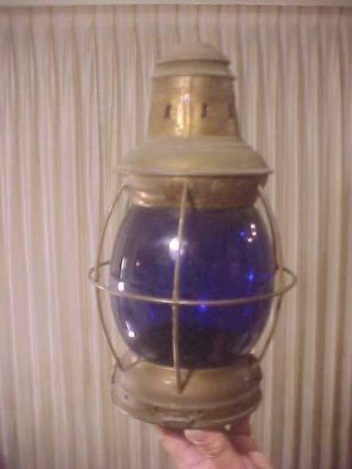 Early Fixed Blue Glass Globe Helvic N.  Y.  Brass Lantern