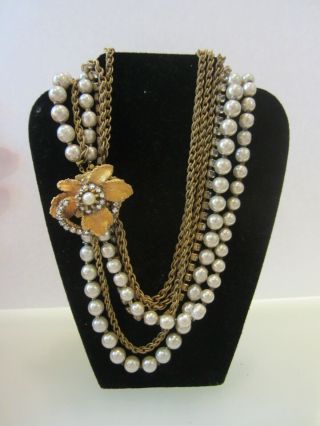 Miriam Haskell Vintage Multi Strand Baroque Pearl Rhinestone And Gold Chain Neck