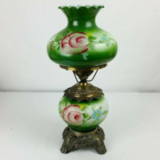 Vintage Large Green Hurricane Table Lamp Gwtw Floral 3 Way 24 " Gorgeous