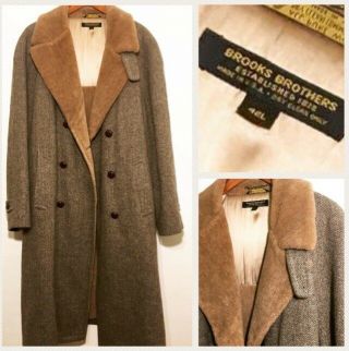 Vintage 70s Brooks Brothers Herringbone Wool Coat Fleece Satin Lined 42l
