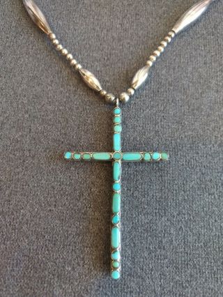 Vtg Old Pawn Zuni Snake Eye Turquoise Coral Sterling Silver Large Cross Necklace