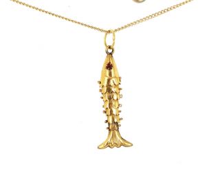Antique Victorian Articulated 14k Gold Fish Charm Ruby Paste Pendant Necklace