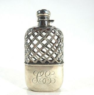 Wonderful Antique Sterling Silver Overlay Flask W/ Hinged Stopper