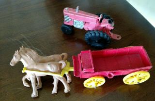 Vintage Late 1950s Auburn Rubber 2 Horse W Red Wagon,  Tractor