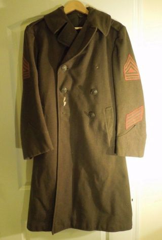Vintage Wwii Us Marines Military Seargent First Class Wool Winter Coat Green