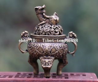 7 Cm China Pure Bronze Copper Foo Dog Lion Dragon Flower Incense Burners Censer